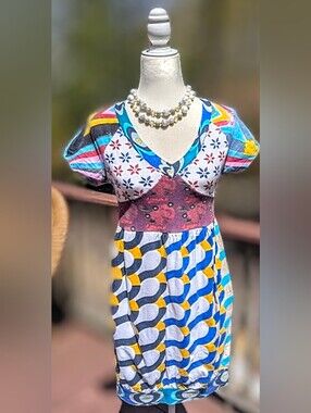 Desigual Stretch Cotton Multicolor Geometric & Floral V-Neck Midi Dress